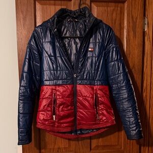 Tommy Hilfiger Navy and Red Quilted Hooded Puffer Jacket XS